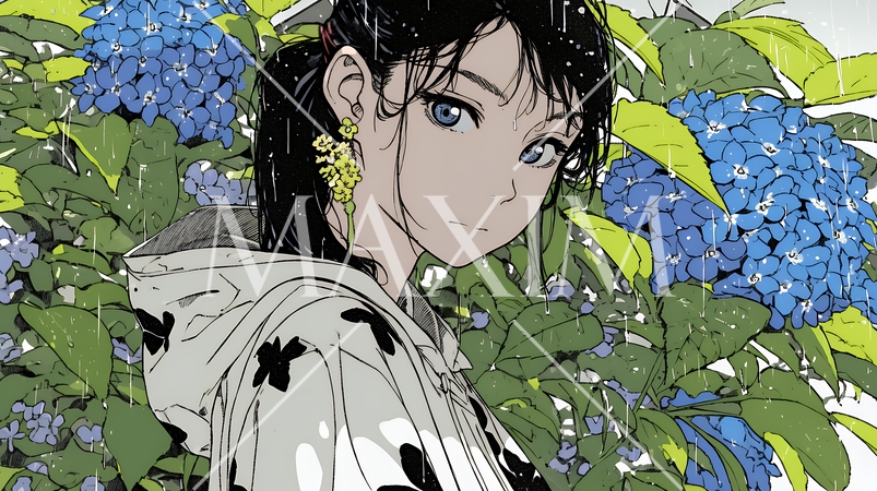 アジサイと梅雨の長雨と若い女性