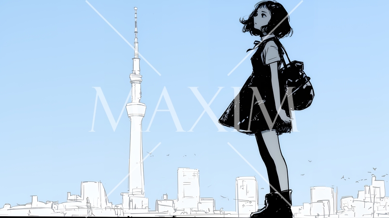 若い女性が佇む都市の街角（シンプルな色使い）