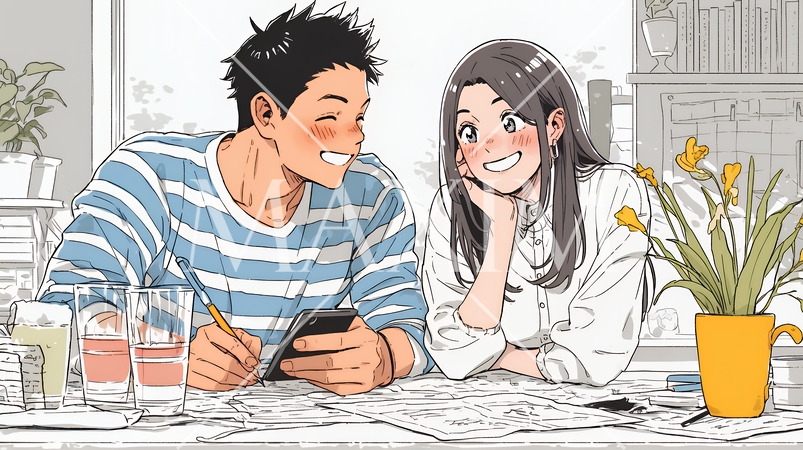 仲良く二人で旅行の計画を立てている若いカップル