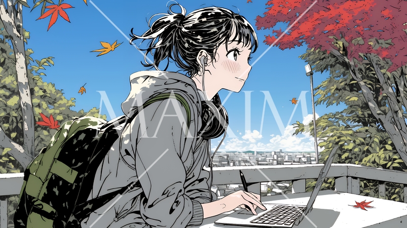 美しい紅葉の中でもPCを手放せない若い女性