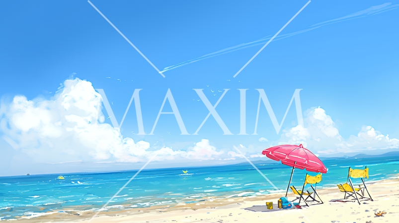 夏の青い空、青い海、白い雲と砂浜のコントラスト（クレヨン＋水彩画風）