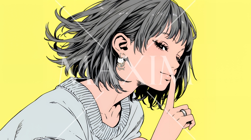 指を唇に当てて「シーShh」というジェスチャーをしている女性