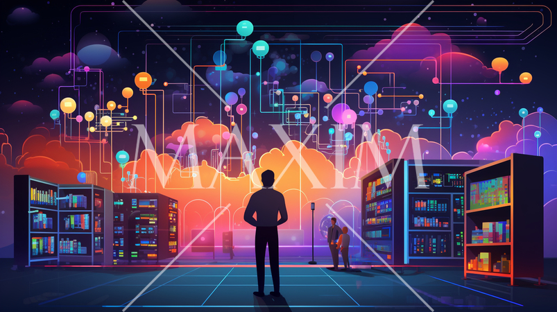 ビッグデータとAI：データ解析、AIが洞察を得る、データセンターの様子。