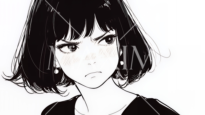 嫉妬の表情を浮かべる若い女性（シンプルな色使い）