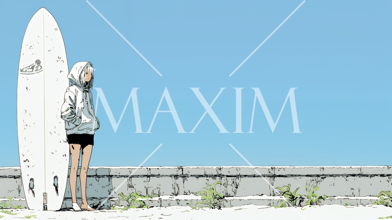 サーフボードを持ち海を見つめる若い女性｜ビーチ・リゾート・ライフスタイル・アウトドア