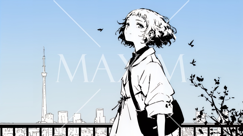 若い女性が佇む都市の街角（シンプルな色使い）