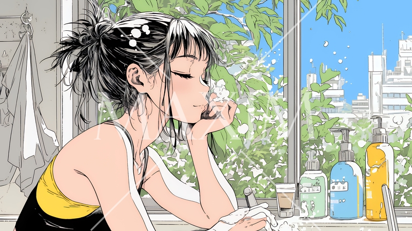 スキンケアを念入りに行う若い女性