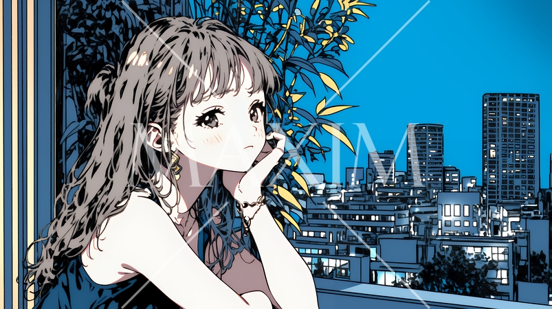 ベランダで夜風に当たりながら都会のランドスケープを眺め休む若い女性