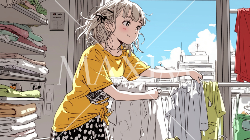 洗濯物を取り込んでいる若い女性