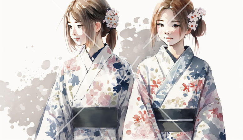 おそろいの浴衣姿で花火大会かお祭りに出かける仲良しの女友達たち