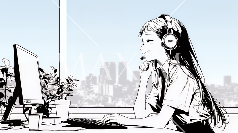 近代的なコールセンターのオフィスで働く女性オペレーター（シンプルな色使い）