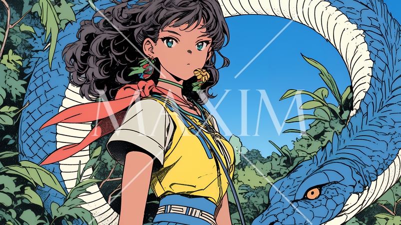 年賀状用：ヘビとなかよしの若い女性