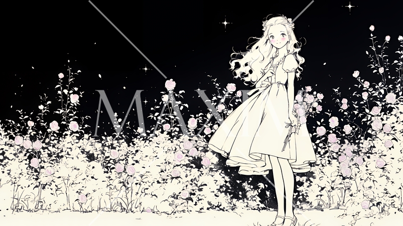 バラ園を散策している若い女性（シンプルな色使い）