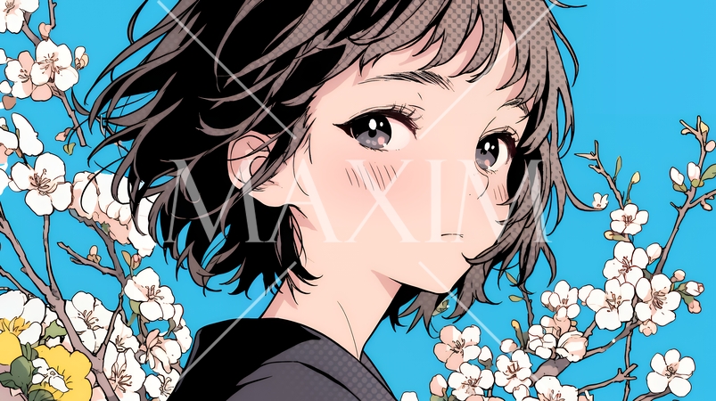 満開の梅の花と和服姿の若い女性