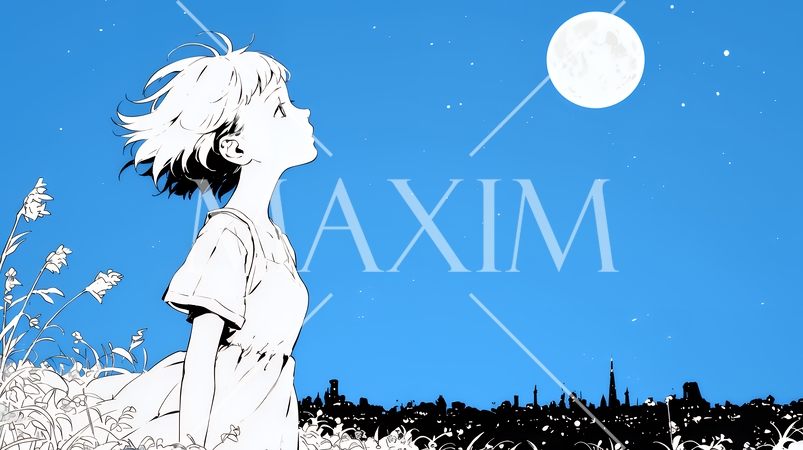 月見をしている若い女性（シンプルな色使い）