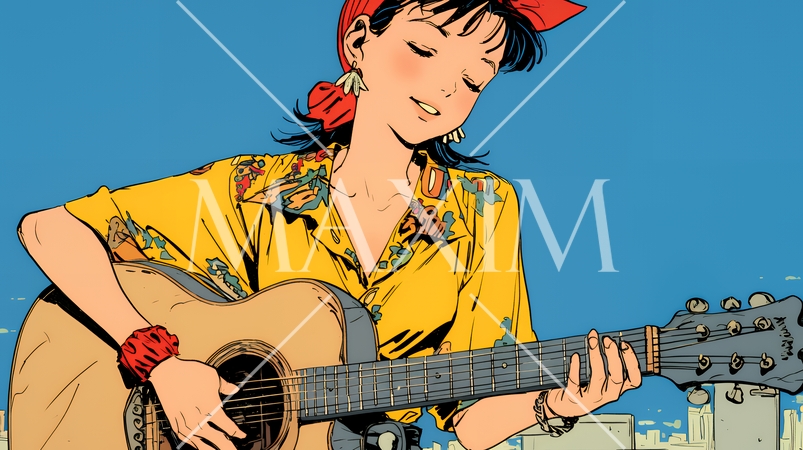 ギターを弾いている若い女性