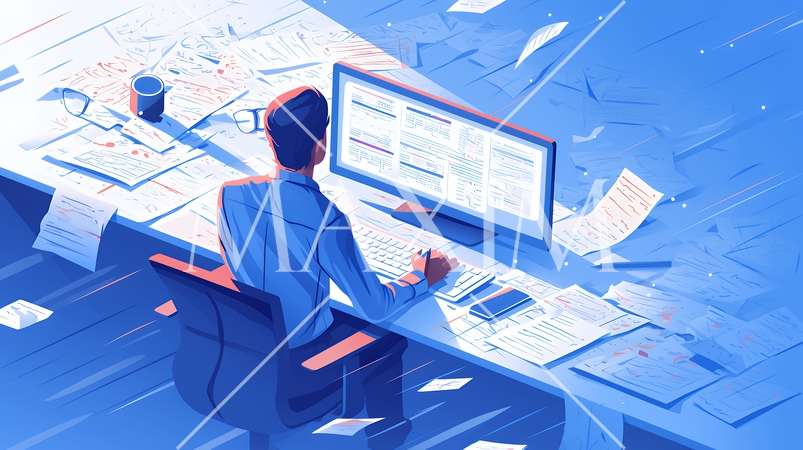 資料作成しているビジネスパーソン：レポート、プレゼンテーション資料の作成。