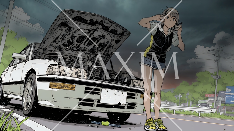 ドライブ中の車の故障・事故・トラブルで困っている女性（悪天候編）