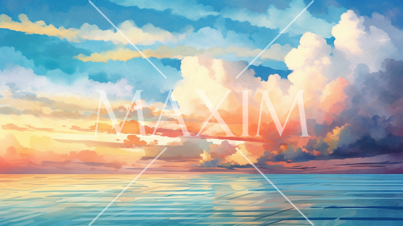 夏の海と空の水彩画