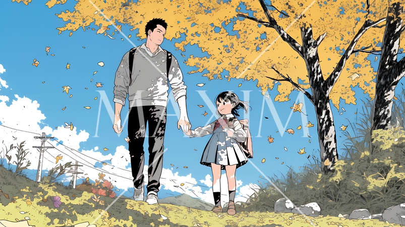 紅葉の小径を仲良く歩く少女と父親