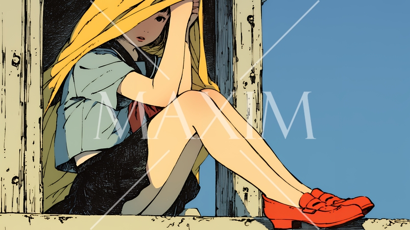 頭かくして尻かくさず：恥ずかしそうに顔を隠している女子高生。でもミニスカからお尻が見えそう。