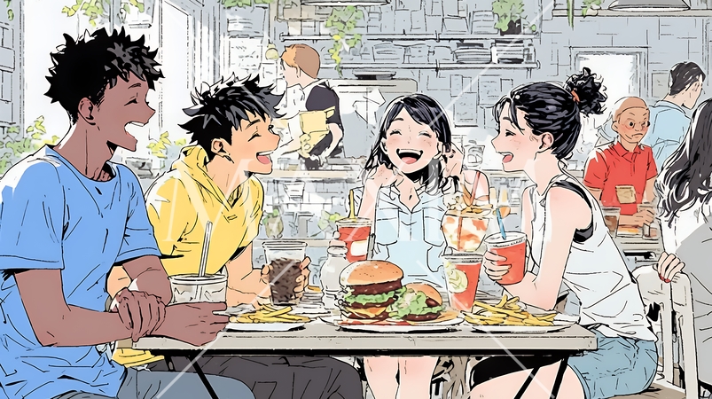 親しい仲間とファーストフード店で食事をしている若者たち