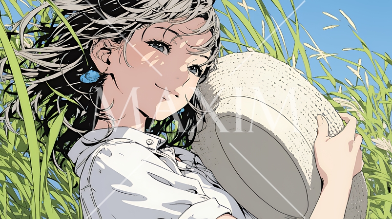 春風に飛ばされそうな帽子を、手で押さえる若い女性