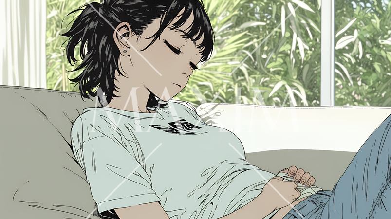 腹痛（生理痛）に苦しむ若い女性