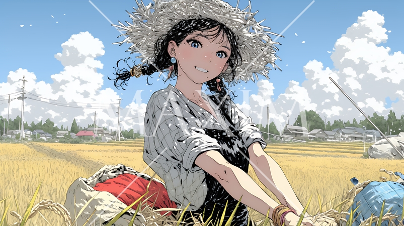 田んぼで農作業をしている女性