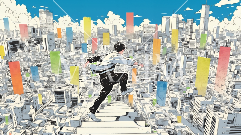 棒グラフの都会の町並みを駆け抜けるビジネスパーソン