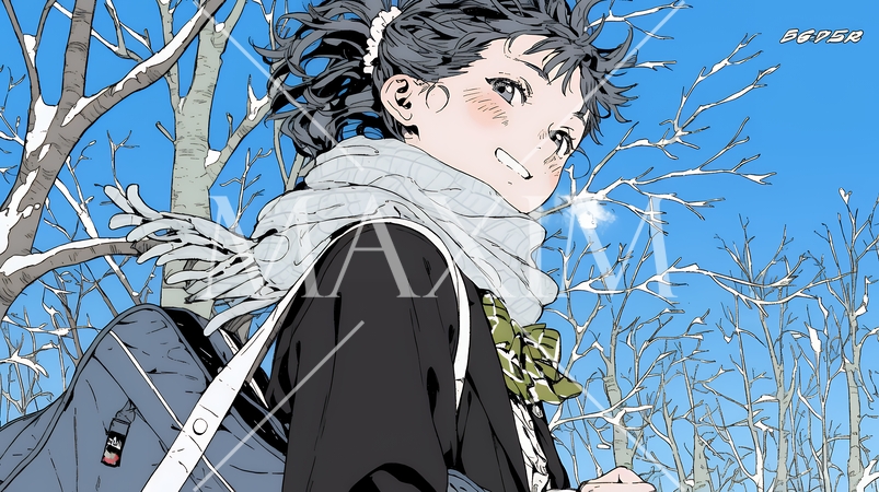 雪の積もる田舎道を歩いている若い女性