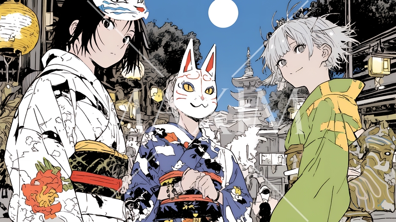 お祭りの夜に女友達同士で遊んでいる若い女性たち