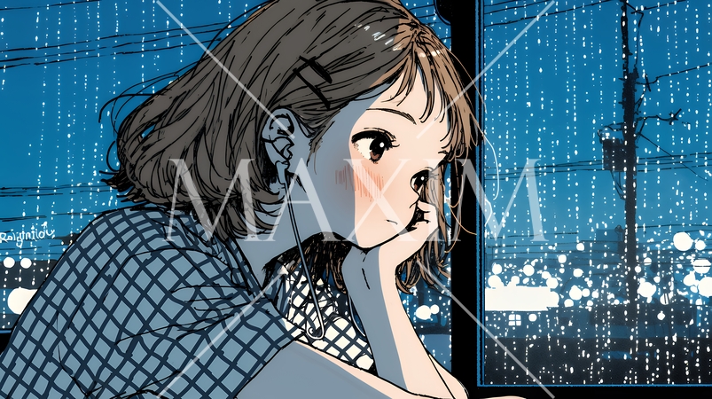 思案・反省・諦め? 窓から流れ落ちる雨粒を見つめる若い女性