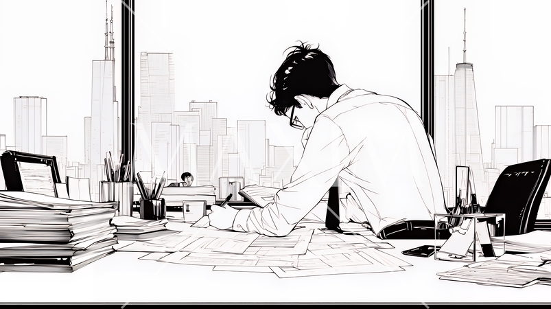 綿密なビジネス戦略を練っている男性（シンプルな色使い）