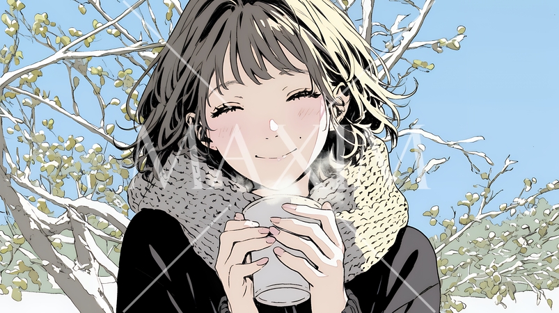 寒い冬、温かい飲み物を手にして、ふっと幸せそうに微笑む若い女性