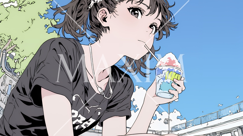 夏空の下でかき氷をたべる若い女性