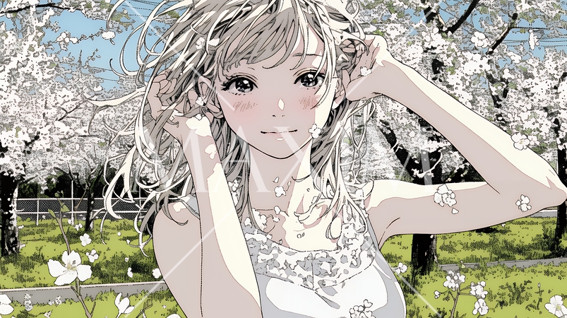 満開の桜の下、春風に乱れた髪を整える若い女性