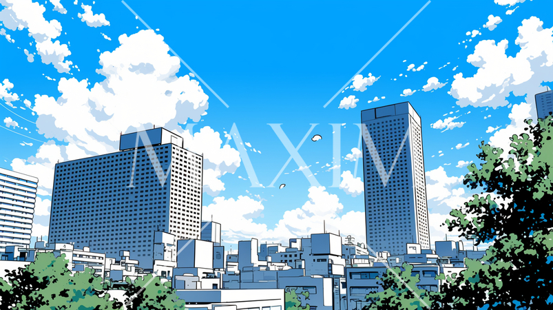 都市の町並みと夏の青空