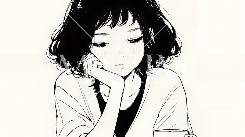 ため息をつく若い女性（シンプルな色使い）
