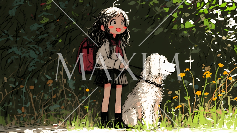 愛犬と散歩をしている女の子（クレヨン＋水彩画風）