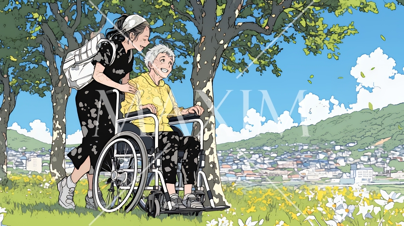 車椅子の歳をとった女性が若い女性に付き添われて公園を散歩している