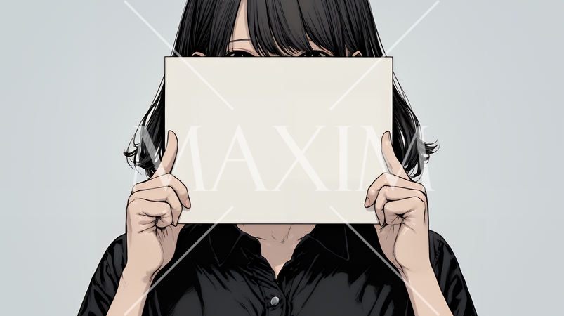 何も描いていないメッセージボードを掲げる若い女性