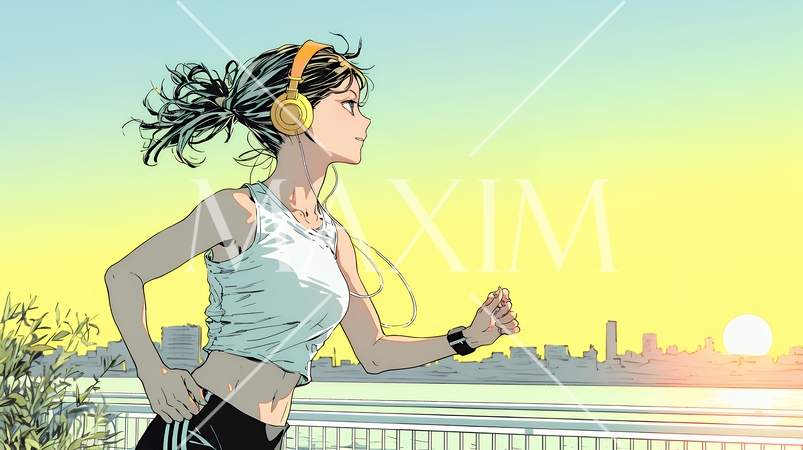 夕方の街並みを背景にジョギングをする若い女性