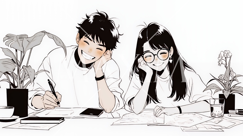 仲良く二人で旅行の計画を立てている若いカップル（シンプルな色使い）