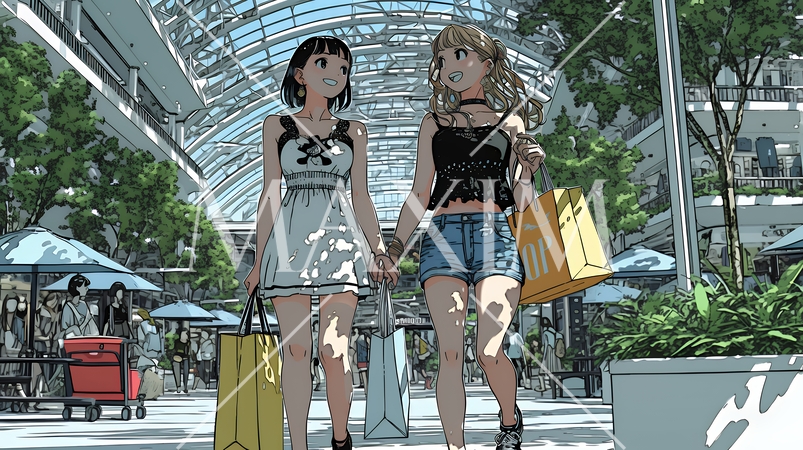 女友達と一緒にショッピングモールを歩き回る若い女性