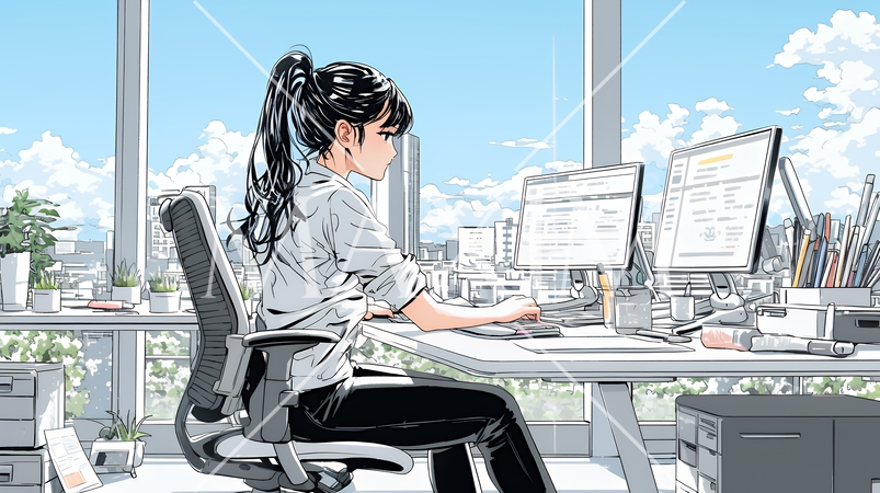 職場のデスクでパソコンに向かって仕事をしているビジネスウーマン