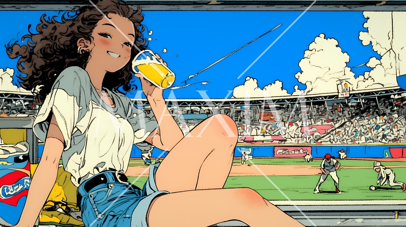 野球などの屋外スポーツを観戦しながら、ビールを楽しむ若い女性。