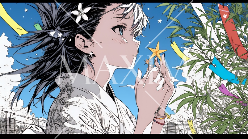 七夕飾りと和服を着た若い女性