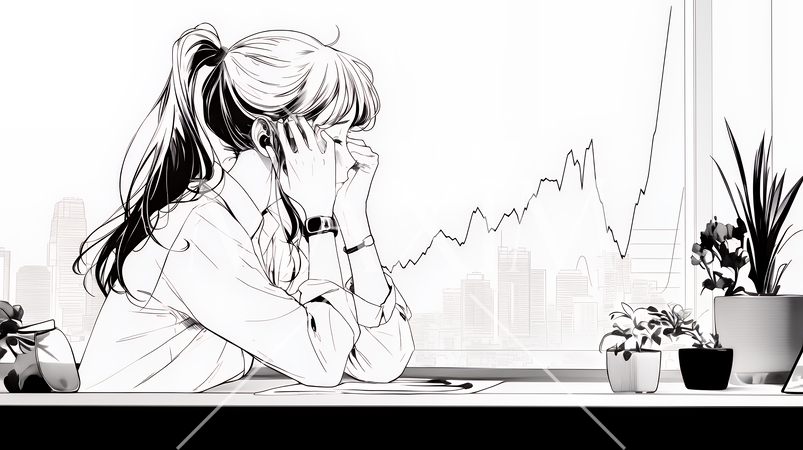 金融市場の急激な変動で頭を抱えている女性（シンプルな色使い）
