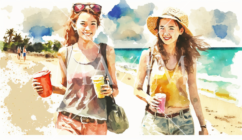 南国の島でリゾート気分の若い女友達たち